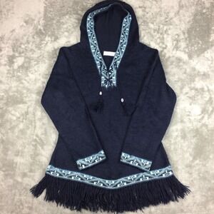 Alpacas Esmeralda Sweater Womens Medium Fringe Hooded V-Neck Blue